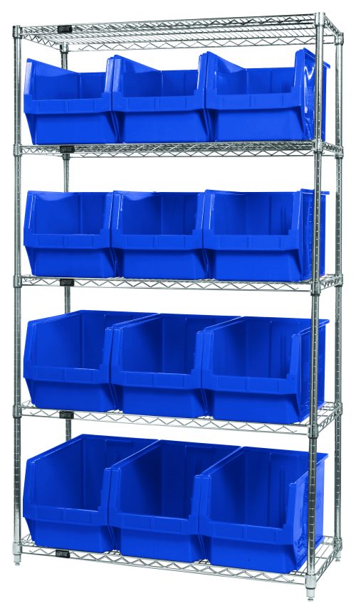 The Quantum Bin Wire Shelving System measures 42W x 18D x 74H and includes five chrome-plated shelves, each with an 800 lbs load capacity. It features twelve QMS533 blue open-front bins for easy access, offering a durable, industrial design.