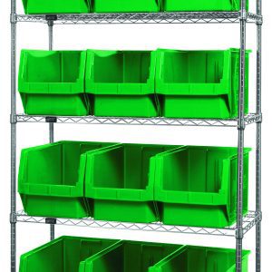 The Quantum Bin Wire Shelving System features a chrome-plated finish with dimensions of 42W x 18D x 74H and an 800 lbs load capacity per shelf. It includes five shelves and twelve QMS533 bright green bins, complementing its industrial design.