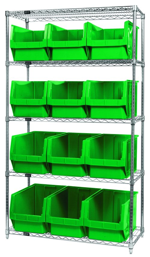 WR5-533_GN.jpg The Quantum Bin Wire Shelving System features a chrome-plated finish with dimensions of 42W x 18D x 74H and an 800 lbs load capacity per shelf. It includes five shelves and twelve QMS533 bright green bins, complementing its industrial design.