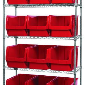 The Quantum Bin Wire Shelving System, measuring 42W x 18D x 74H, includes five chrome-plated shelves supporting twelve Qms533 red bins and boasts an impressive 800 lbs load capacity per shelf, offering robust organization with a sleek design.
