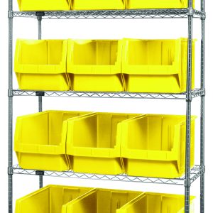 The Quantum Bin Wire Shelving System, measuring 42W x 18D x 74H, holds up to 800 lbs per shelf and features a chrome-plated finish with five shelves and twelve QMS533 yellow bins. It is shipped KD for easy assembly.