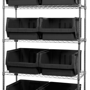 The Quantum Bin Wire Shelving System, featuring a chrome-plated finish and shipped KD, includes five evenly spaced shelves with an 800 lbs load capacity each, supporting eight QMS543 black bins. It measures 42W x 18D x 74H.