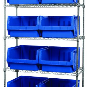 The Quantum Bin Wire Shelving System, with a chrome-plated finish, features five shelves each holding 800 lbs and includes eight large QMS543 blue bins for efficient storage and organization. Dimensions: 42W x 18D x 74H. It ships unassembled (KD).