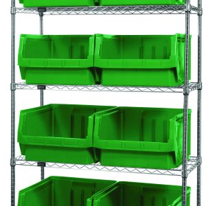 The Quantum Bin Wire Shelving System, measuring 42W x 18D x 74H, features five chrome-plated wire shelves supporting up to 800 lbs each. It includes eight QMS543 bright green bins and ships KD.