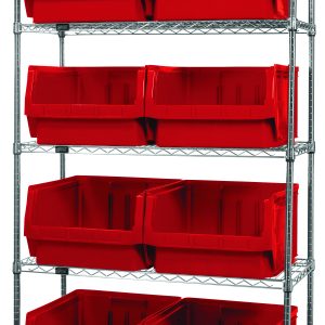 The Quantum Bin Wire Shelving System has a chrome-plated finish, five shelves each with an 800 lbs load capacity, and includes eight large red Qms543 bins. Measuring 42W x 18D x 74H and shipped KD, its open at the top for easy access, making it perfect for storage and organization.