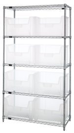 The Quantum Bin Wire Shelving System measures 42W x 18D x 74H, supports 800 lbs per shelf, and includes five chrome-plated shelves plus eight QGH700 clear bins. Its minimalist design is ideal for organizing in various settings. Shipped KD.