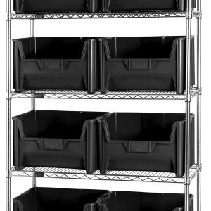 The Quantum Bin Wire Shelving System measures 42W x 18D x 74H, with each of its five shelves supporting up to 800 lbs. It includes eight QGH700 black bins, features a chrome-plated finish, and is shipped KD.