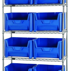 The Quantum Bin Wire Shelving System, measuring 42W x 18D x 74H, supports 800 lbs per shelf and includes five shelves and eight QGH700 blue bins. Chrome-plated for a sleek look, it is shipped knocked down (KD) for easy assembly.
