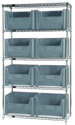 The Quantum Bin Wire Shelving System, 42W x 18D x 74H, chrome plated with five shelves and eight QGH700 gray bins, has an 800 lbs load capacity per shelf and is ideal for organizing items. It arrives knocked down (Kd) for assembly.