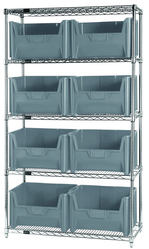 The Quantum Bin Wire Shelving System, 42W x 18D x 74H, chrome plated with five shelves and eight QGH700 gray bins, has an 800 lbs load capacity per shelf and is ideal for organizing items. It arrives knocked down (Kd) for assembly.