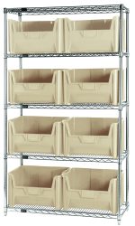 The Quantum Bin Wire Shelving System, with dimensions 42W x 18D x 74H and a chrome plated finish, has five shelves each supporting up to 800 lbs and includes eight clear QGH700 bins. It is shipped KD for easy assembly.