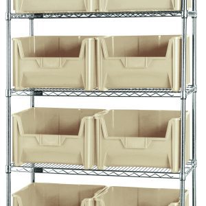 The Quantum Bin Wire Shelving System, with dimensions 42W x 18D x 74H and a chrome plated finish, has five shelves each supporting up to 800 lbs and includes eight clear QGH700 bins. It is shipped KD for easy assembly.