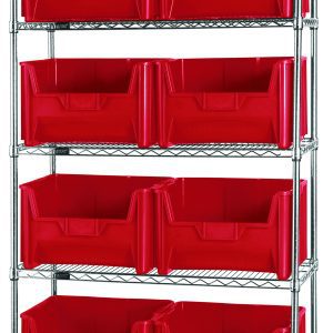 The Quantum Bin Wire Shelving System, measuring 42W x 18D x 74H, includes five shelves and eight QGH700 red bins. With a chrome-plated finish and sturdy build, each shelf supports up to 800 lbs. Shipped KD, it offers both style and functionality for organized storage.