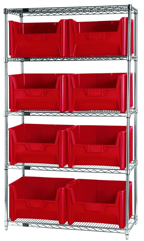 The Quantum Bin Wire Shelving System, measuring 42W x 18D x 74H, includes five shelves and eight QGH700 red bins. With a chrome-plated finish and sturdy build, each shelf supports up to 800 lbs. Shipped KD, it offers both style and functionality for organized storage.