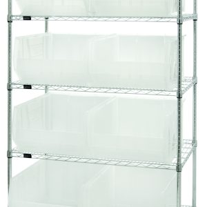 The Quantum Bin Wire Shelving System features four posts and five wire shelves, includes eight QUS955 clear bins, and boasts an industrial look. Its dimensions are 42W x 24D x 74H with a chrome-plated finish and an 800 lb. capacity per shelf.