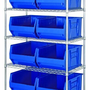 The Quantum Bin Wire Shelving System features an industrial design with a chrome-plated finish, measuring 42W x 24D x 74H. Each of the five wire shelves holds up to 800 lb., and it includes four posts and eight QUS955 blue bins for organized storage.