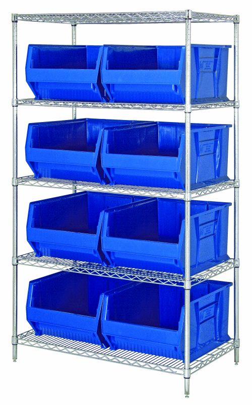 The Quantum Bin Wire Shelving System features an industrial design with a chrome-plated finish, measuring 42W x 24D x 74H. Each of the five wire shelves holds up to 800 lb., and it includes four posts and eight QUS955 blue bins for organized storage.