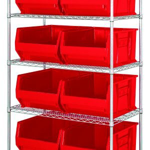 The Quantum Bin Wire Shelving System, 42W x 24D x 74H, features five wire shelves with a chrome-plated finish and four posts. Each shelf supports up to 800 lbs and holds two Qus955 red bins, providing stylish and organized storage. Shipped KD.