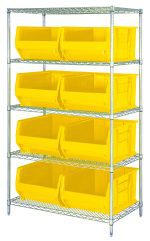 The Quantum Bin Wire Shelving System, measuring 42W x 24D x 74H, includes five wire shelves with a capacity of 800 lbs per shelf and eight yellow Qus955 bins. This chrome-plated system ensures efficient organization with open-front bins for easy access.