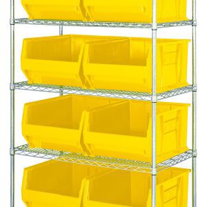 The Quantum Bin Wire Shelving System, measuring 42W x 24D x 74H, includes five wire shelves with a capacity of 800 lbs per shelf and eight yellow Qus955 bins. This chrome-plated system ensures efficient organization with open-front bins for easy access.