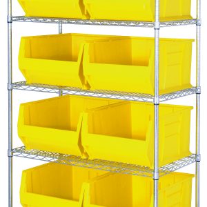 The Quantum Bin Wire Shelving System features a metal unit with five chrome-plated wire shelves, each holding large open-front QUS975 yellow bins. It measures 42W x 30D x 74H and is shipped KD for convenience, with an 800 lbs load capacity per shelf.