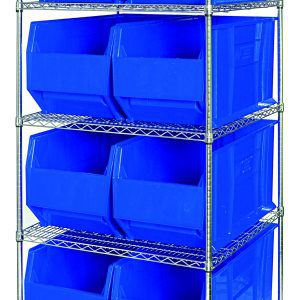 The Quantum Bin Wire Shelving System, 36W x 36D x 74H, includes five chrome-plated shelves with an 800 lbs load capacity each and eight QUS993 blue bins to ensure organized and accessible storage.