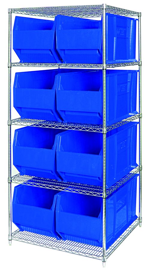 WR5-993_BL.jpg The Quantum Bin Wire Shelving System, 36W x 36D x 74H, includes five chrome-plated shelves with an 800 lbs load capacity each and eight QUS993 blue bins to ensure organized and accessible storage.