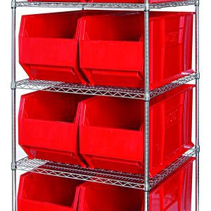 The Quantum Bin Wire Shelving System, measuring 36W x 36D x 74H, features a chrome-plated finish with 5 shelves, each holding up to 800 lbs. It includes 8 large QUS993 red bins and provides easy front access for efficient organization.
