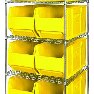 Meet the Quantum Bin Wire Shelving System: a 36W x 36D x 74H chrome-plated unit with five adjustable shelves, each holding eight QUS993 yellow bins.