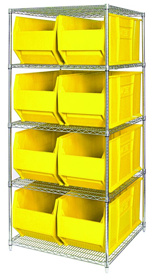 Meet the Quantum Bin Wire Shelving System: a 36W x 36D x 74H chrome-plated unit with five adjustable shelves, each holding eight QUS993 yellow bins.