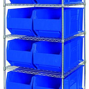The Quantum Bin Wire Shelving System measures 48W x 36D x 74H with a chrome finish, featuring five shelves and eight QUS997 blue bins. Each shelf holds up to 800 lbs, shipped KD for convenience, and the open front bins ensure easy access while maintaining an organized appearance.