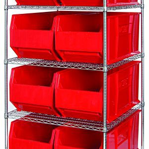 Introducing the Quantum Bin Wire Shelving System, a chrome-plated unit with five 48W x 36D shelves, each holding up to 800 lbs. It includes eight easily accessible QUS997 red bins. Effortlessly streamline your storage with this versatile shelving solution. Shipped KD for convenience.