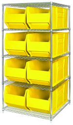 The Quantum Bin Wire Shelving System, measuring 48W x 36D x 74H with a chrome-plated finish, holds 800 lbs per shelf and includes five shelves and eight QUS997 yellow bins with open fronts for easy access, shipped KD for convenience.