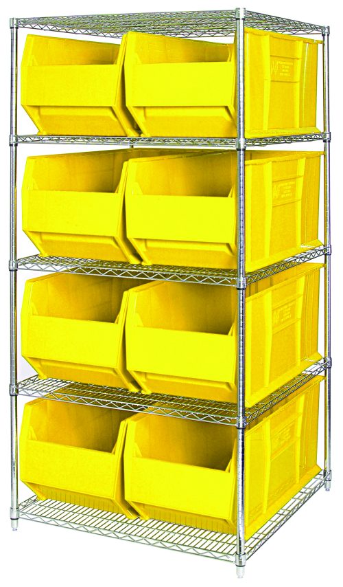 The Quantum Bin Wire Shelving System, measuring 48W x 36D x 74H with a chrome-plated finish, holds 800 lbs per shelf and includes five shelves and eight QUS997 yellow bins with open fronts for easy access, shipped KD for convenience.