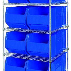Meet the Quantum Bin Wire Shelving System: a 60W x 36D x 74H chrome-plated frame with five shelves and eight QUS993 blue bins. It features a 600 lbs load capacity per shelf, is open at the front for easy access, and ships KD—ideal for organizing or storing heavy items.