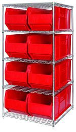 The Quantum Bin Wire Shelving System, measuring 60W x 36D x 74H, features five chrome-plated shelves with a 600 lbs capacity each and includes eight QUS993 red bins for organized storage. Shipped KD, its ideal for heavy-duty needs.