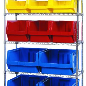 The Quantum Bin Wire Shelving System (42W x 18D x 74H) with chrome finish, features six shelves holding an arrangement of four QMS543 blue bins at the bottom, three QMS533 red bins in the middle, one QMS532 yellow above them, topped by a QMS531 green bin; each shelf supports up to 800 lbs.