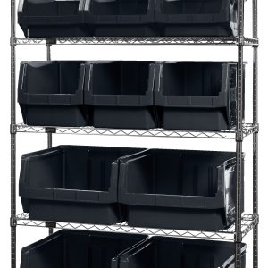 The Quantum Bin Wire Shelving System, 42W x 18D x 74H, features a chrome finish and robust design. It includes six shelves with an 800 lbs load capacity per shelf and comes with black bins (4 Qms543, 3 Qms533, 3 Qms532, and 3 Qms531) for organized storage. Shipped KD.
