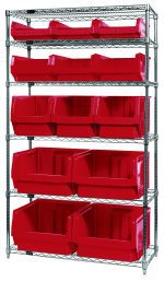 The Quantum Bin Wire Shelving System, 42W x 18D x 74H, holds up to 800 lbs per shelf and includes six shelves with twelve assorted red bins (4 QMS543, 3 QMS533, 3 QMS532, and 3 QMS531) for flexible storage. It features a chrome-plated finish and ships knockdown.