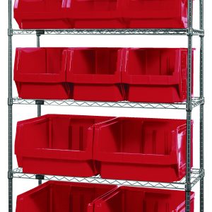 The Quantum Bin Wire Shelving System, 42W x 18D x 74H, holds up to 800 lbs per shelf and includes six shelves with twelve assorted red bins (4 QMS543, 3 QMS533, 3 QMS532, and 3 QMS531) for flexible storage. It features a chrome-plated finish and ships knockdown.