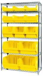 The Quantum Bin Wire Shelving System, measuring 42W x 18D x 74H, features six chrome-plated shelves with an 800 lbs load capacity each. It includes large yellow bins (4 Qms543, 3 Qms533, 3 Qms532, and 3 Qms531) for efficient warehouse or garage storage. The unit is shipped KD.