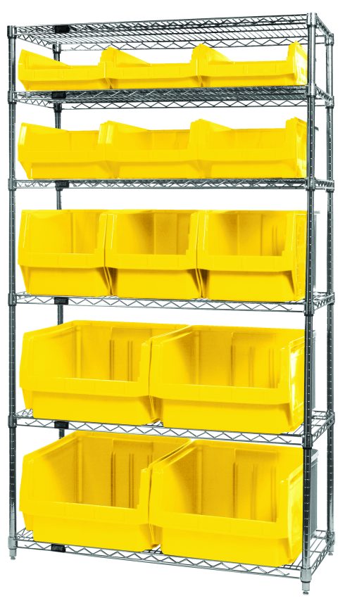 WR6-13-MIX_YL.jpg The Quantum Bin Wire Shelving System, measuring 42W x 18D x 74H, features six chrome-plated shelves with an 800 lbs load capacity each. It includes large yellow bins (4 Qms543, 3 Qms533, 3 Qms532, and 3 Qms531) for efficient warehouse or garage storage. The unit is shipped KD.