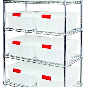 The Quantum Bin Wire Shelving System, sized 36W x 21D x 74H and featuring six shelves and four posts, includes twelve clear LC191507CL bins with lids. Each shelf holds up to 800 lbs, providing an organized storage solution against a plain white backdrop.