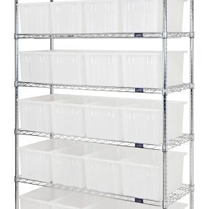 The Quantum Bin Wire Shelving System, 48L x 18D x 74H, features a chrome-plated finish and supports an 800 lbs load capacity per shelf. It includes six shelves with a total of 24 Snt185 clear containers, accommodating larger bins on top and smaller ones below. Shipped KD.