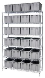 The Quantum Bin Wire Shelving System, measuring 48L x 18D x 74H, has a chrome plated finish and features six shelves with an 800 lbs load capacity each. It includes 24 gray Snt185 bins for sleek storage and is shipped KD for easy assembly.