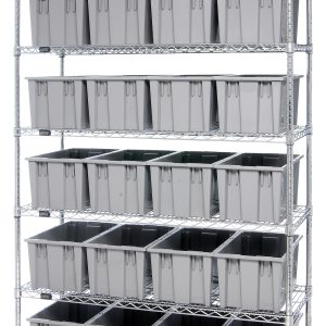 The Quantum Bin Wire Shelving System, measuring 48L x 18D x 74H, has a chrome plated finish and features six shelves with an 800 lbs load capacity each. It includes 24 gray Snt185 bins for sleek storage and is shipped KD for easy assembly.