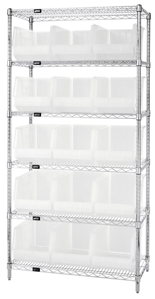The Quantum Bin Wire Shelving System, 36L x 18D x 74H, features a chrome-plated finish with six shelves, each holding up to 800 lbs, and includes 15 clear Qus260 containers. Its open design is perfect for organizing items against a plain white background. Ships knocked down (Kd).
