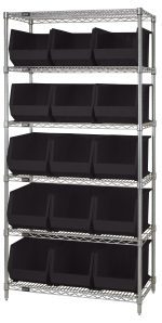 The Quantum Bin Wire Shelving System is 36L x 18D x 74H with six chrome-plated shelves, each holding three of the 15 included QUS260 black containers. It offers organized storage and a modern industrial look, supporting up to 800 lbs per shelf.