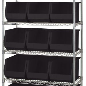 The Quantum Bin Wire Shelving System is 36L x 18D x 74H with six chrome-plated shelves, each holding three of the 15 included QUS260 black containers. It offers organized storage and a modern industrial look, supporting up to 800 lbs per shelf.