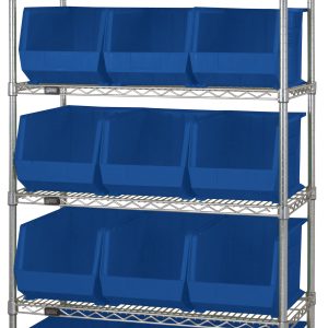 The Quantum Bin Wire Shelving System measures 36L x 18D x 74H and supports up to 800 lbs per shelf. It features a chrome finish with six shelves and includes 15 QUS260 blue containers, shipped KD for easy assembly.